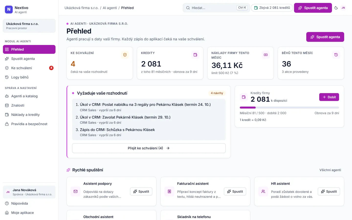 Přehled AI agentů: akce ke schválení, kredity, náklady v korunách a agenti firmy
