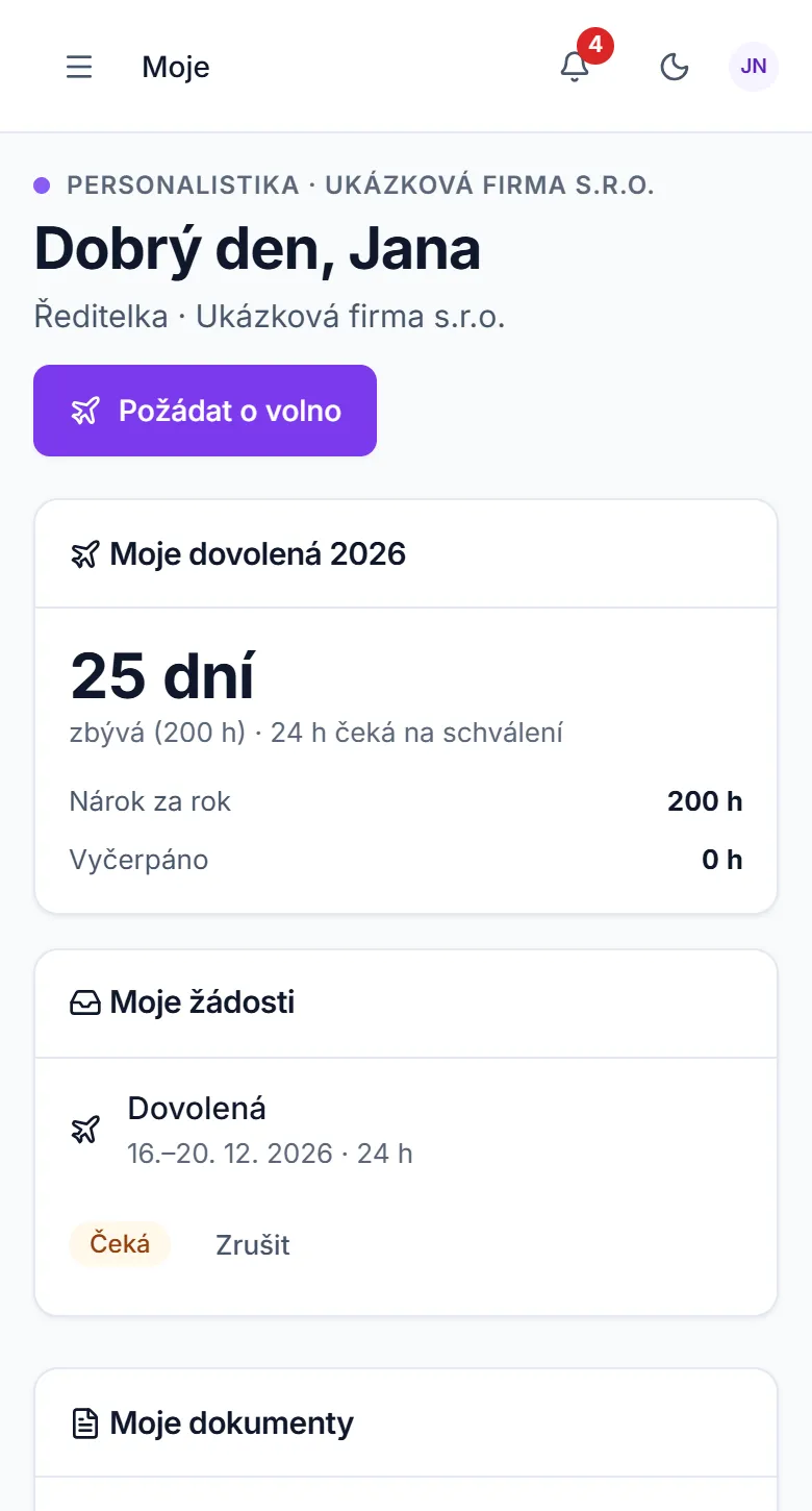 Pohled zaměstnance v telefonu: zůstatek dovolené a žádosti