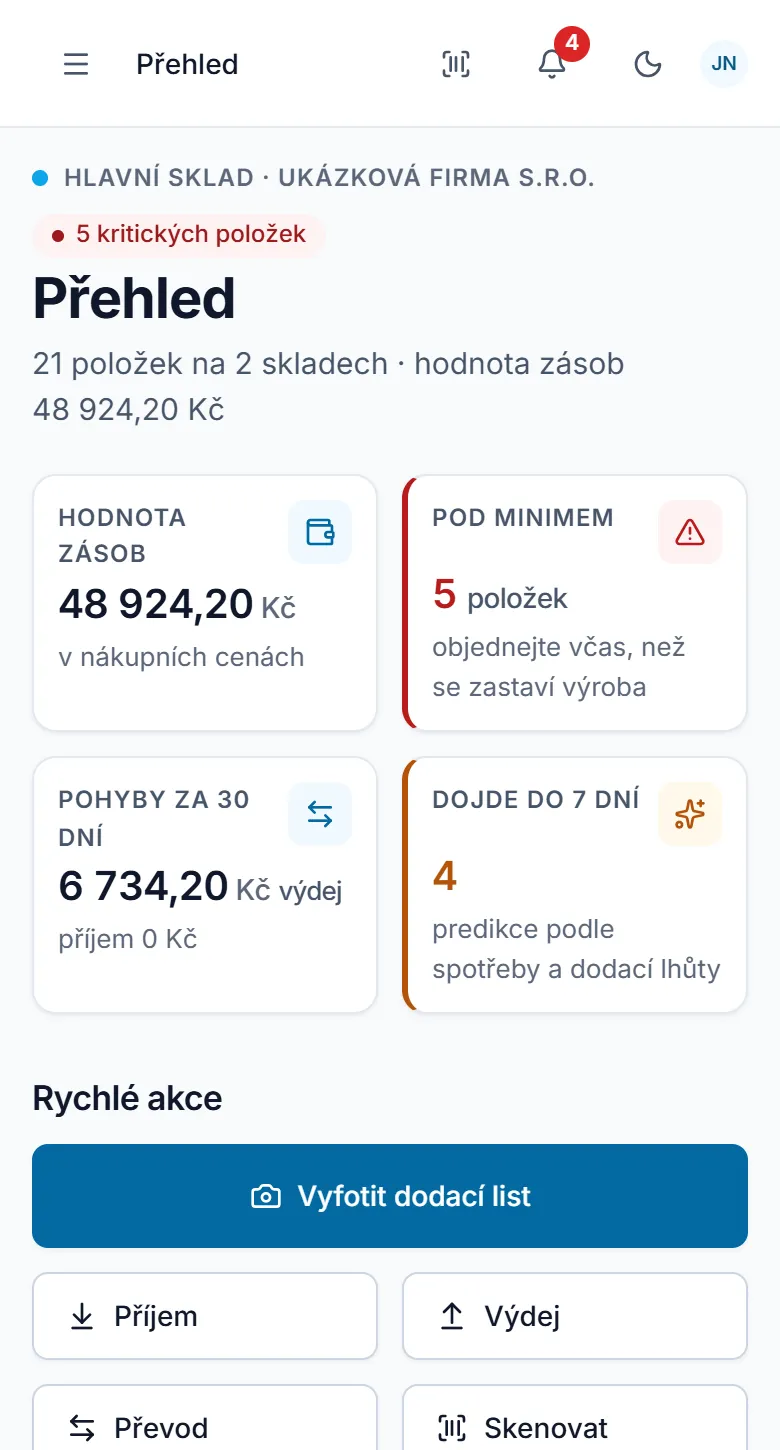 Sklad v telefonu: přehled a rychlé akce příjem, výdej a skenování