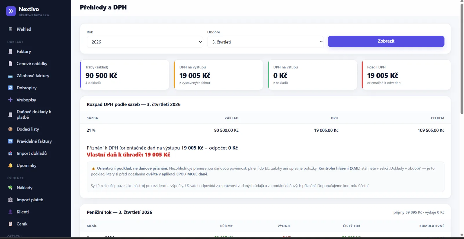 Rozpad DPH podle sazeb s orientačním výpočtem daně k úhradě